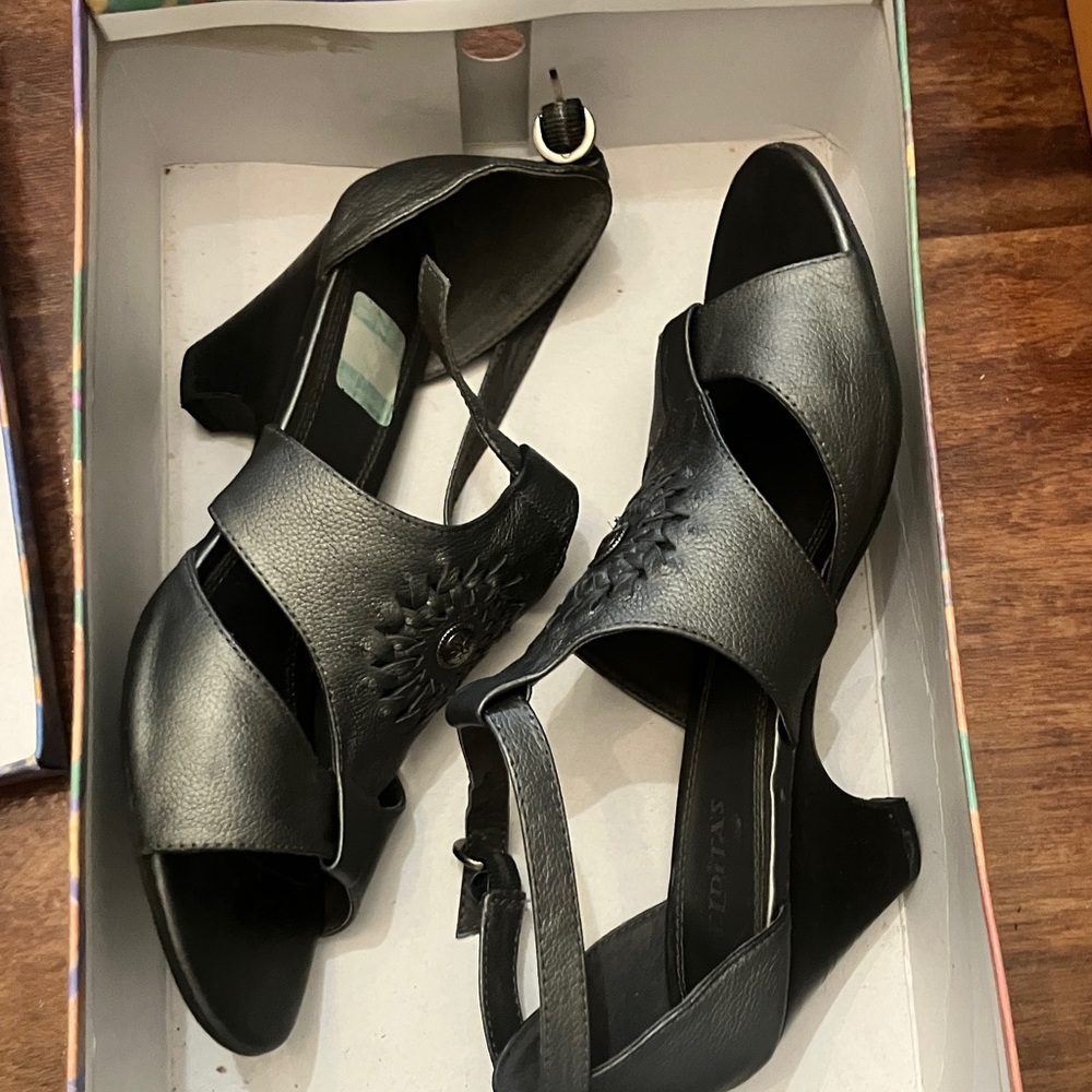 Black Leather Peep-Toe Slingback Low Wedge Heels.